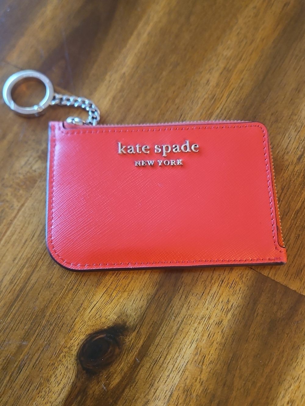 kate spade Coral Red Leather Key Card Holder with Chain